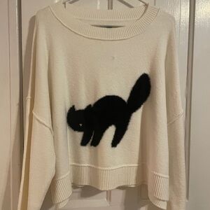 American Eagle Outfitters Cream Sweater with Black Cat Design
